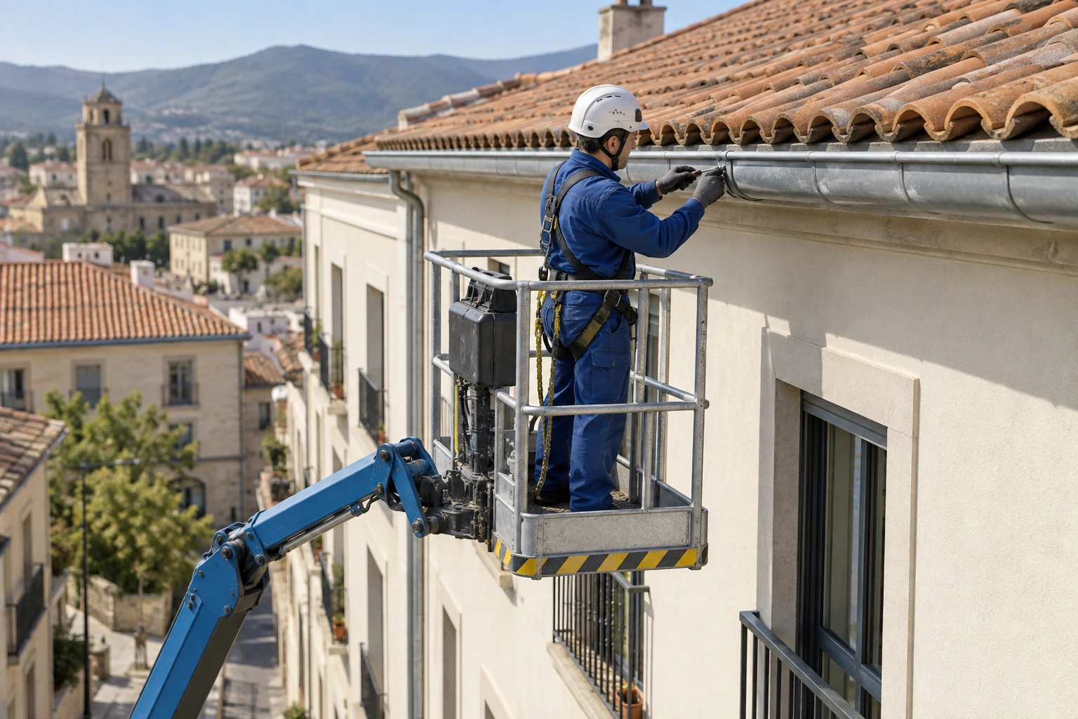 Técnico dentro de una plataforma elevadora realizando un ajuste puntual en un canalón alto