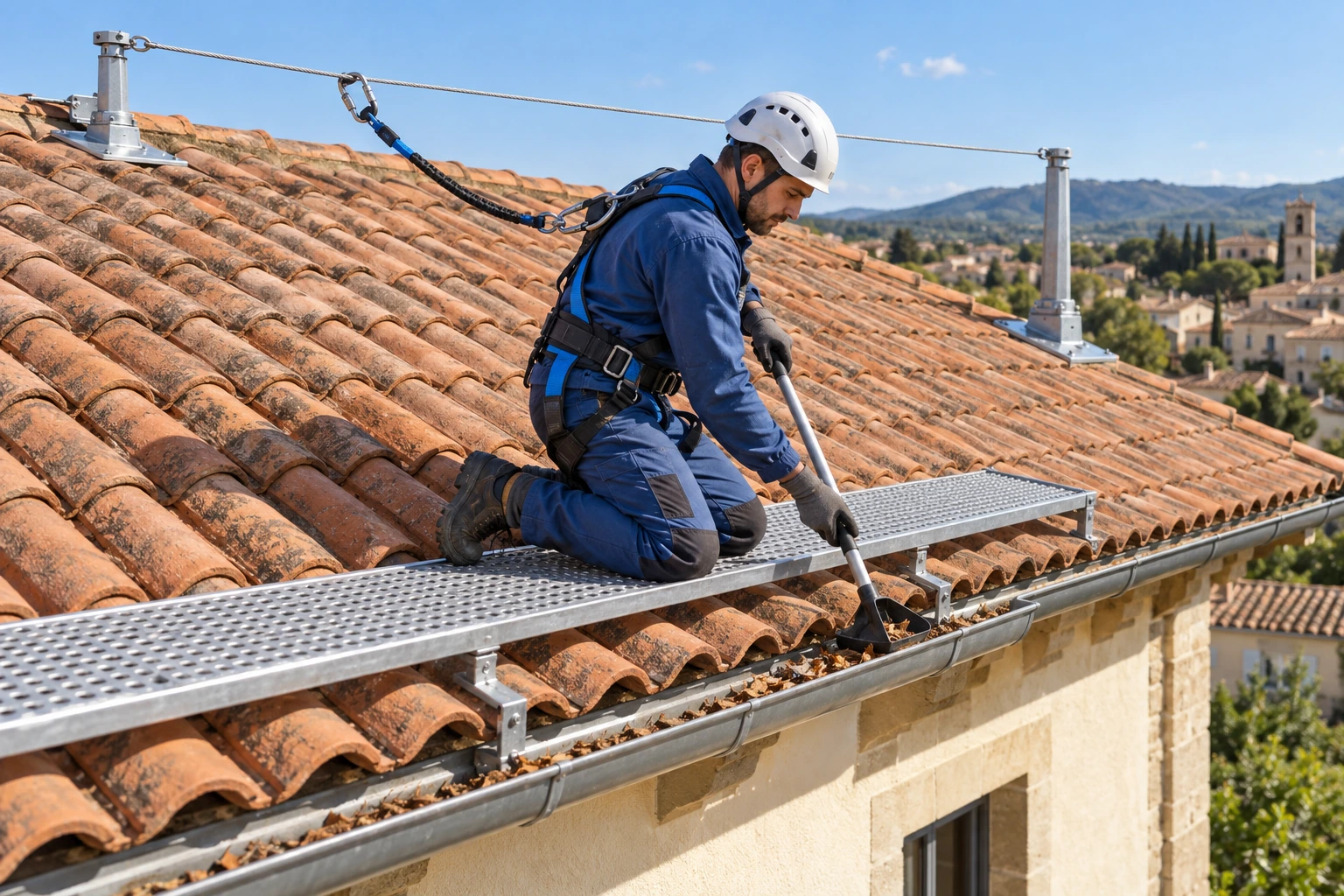 Trabajador limpiando un canalón desde el tejado, con arnés conectado a una línea de vida entre dos anclajes