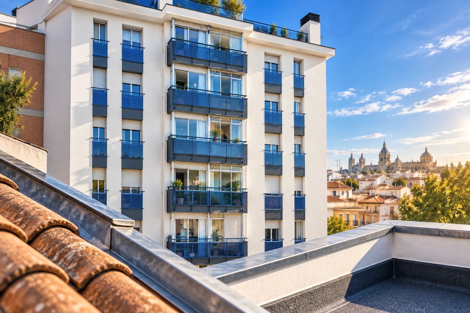 fachada blanca con balcones azules, tejas y protección de cubierta