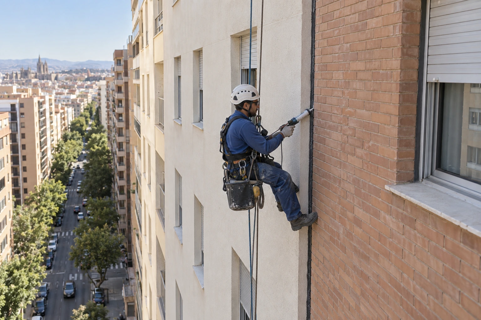 técnico suspendido junto a una junta vertical entre dos edificios de muchas plantas